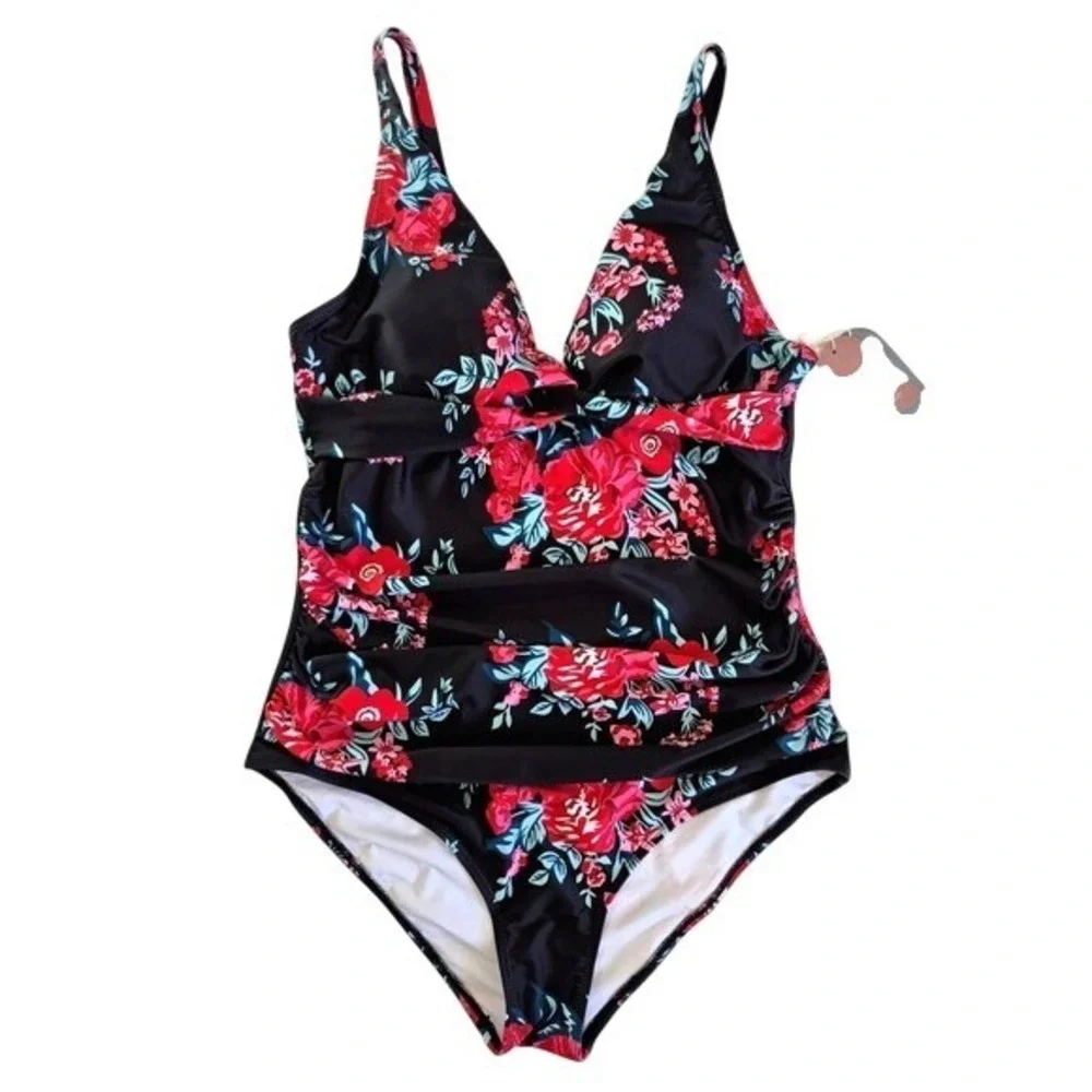 Smismivo Womens One Piece Swimsuit Floral Black Red Ruched Tummy Control XL NWT‎
